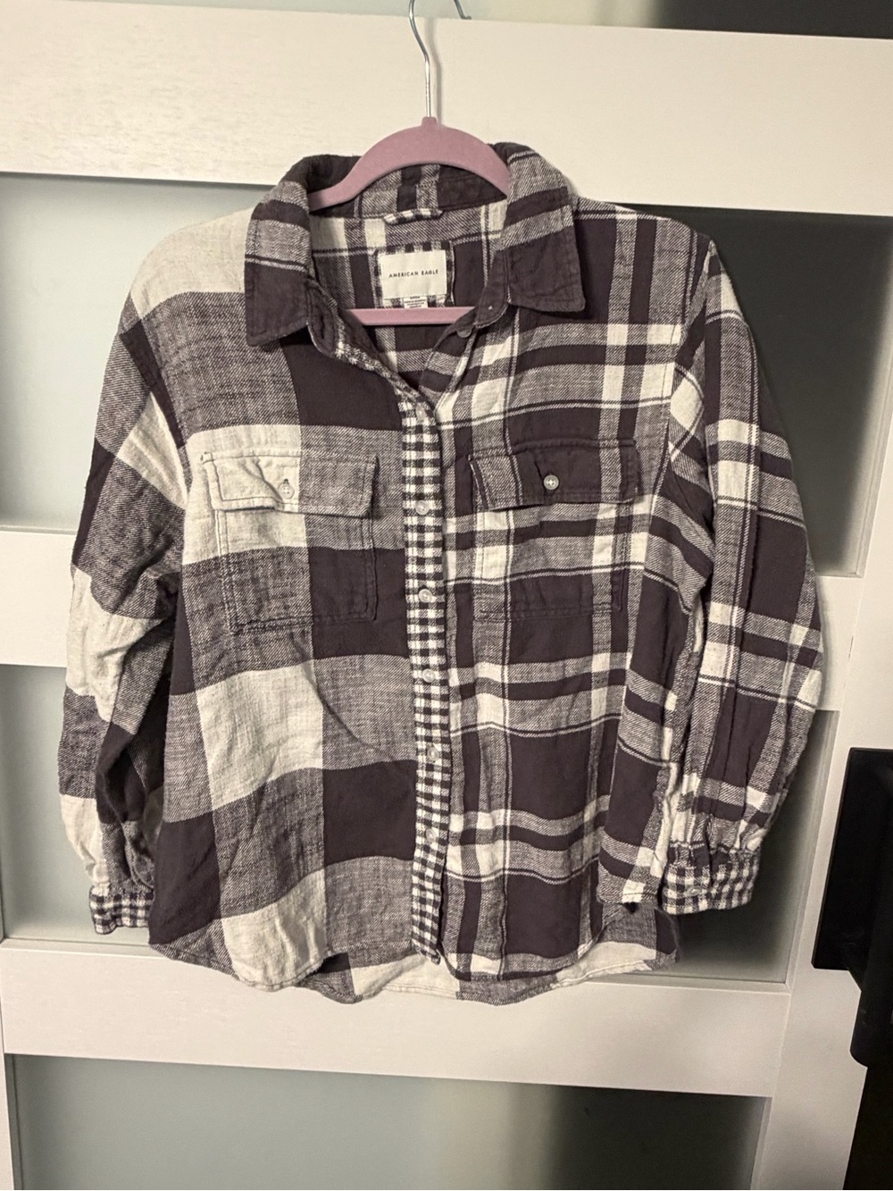 American Eagle Outfitters Black and White Plaid Button-Down Shirt